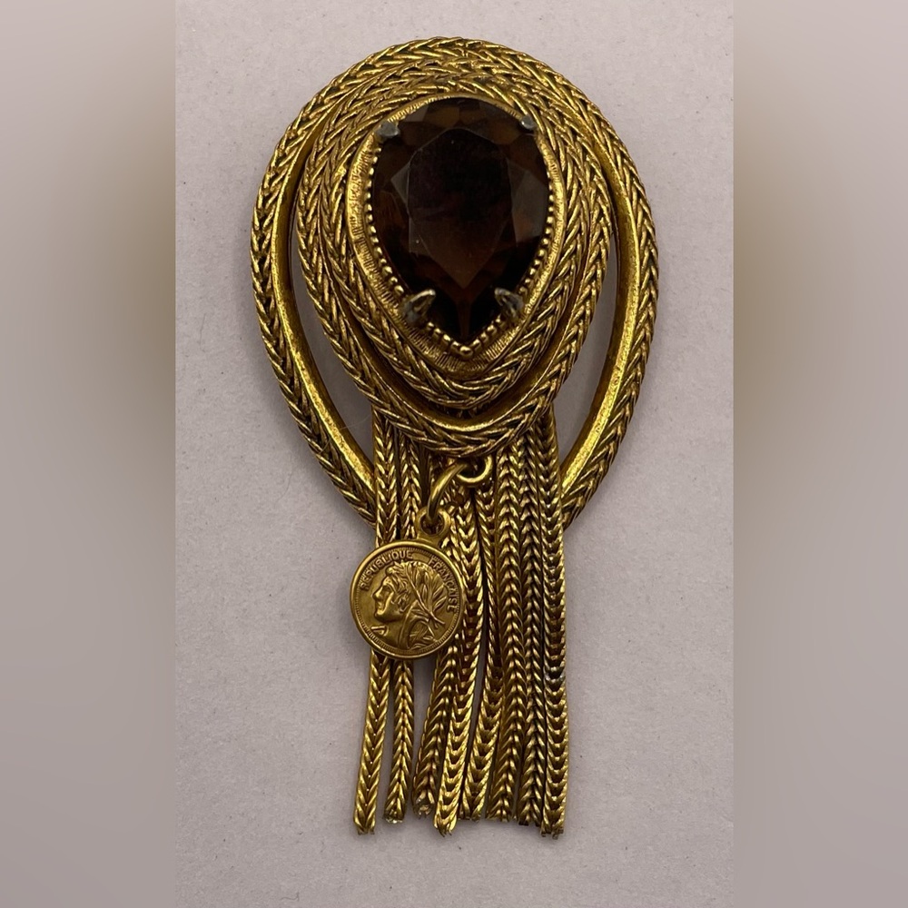 Vintage Signed Florenza Gold Tone Etruscan Revival Brooch Pin Topaz Crystal - Picture 10 of 11